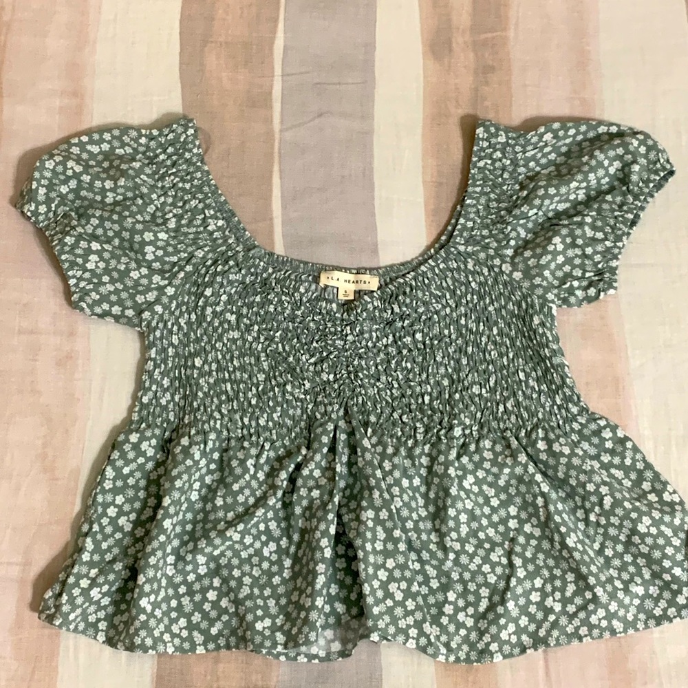 PACSUN LA HEARTS GREEN WITH WHITE FLOWERS SHIRT